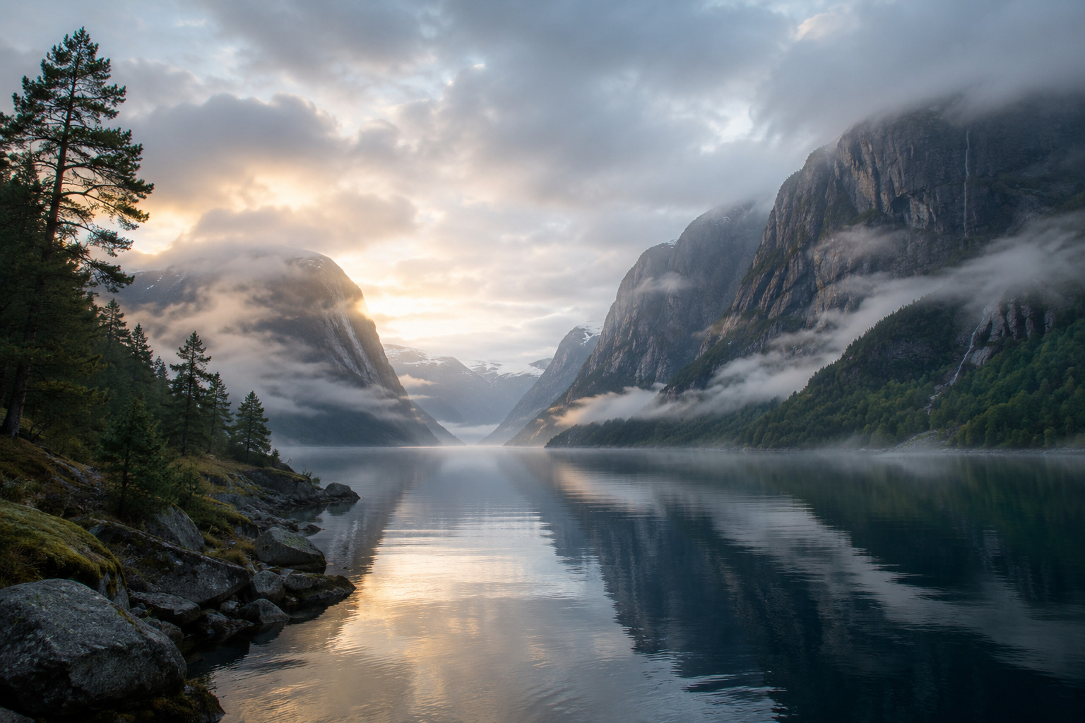 Norwegian fjord at sunrise